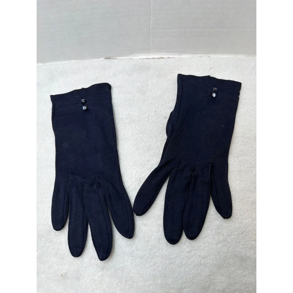 VTG 70s Hansen Milwaukee Gloves Women 6.5 Navy Blue Nylon Button Wrist Japan